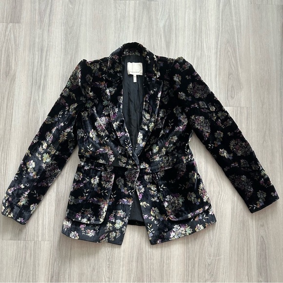 Rebecca Taylor Floral Print Velvet Blazer in Black‎ - Size 4 - Picture 1 of 4